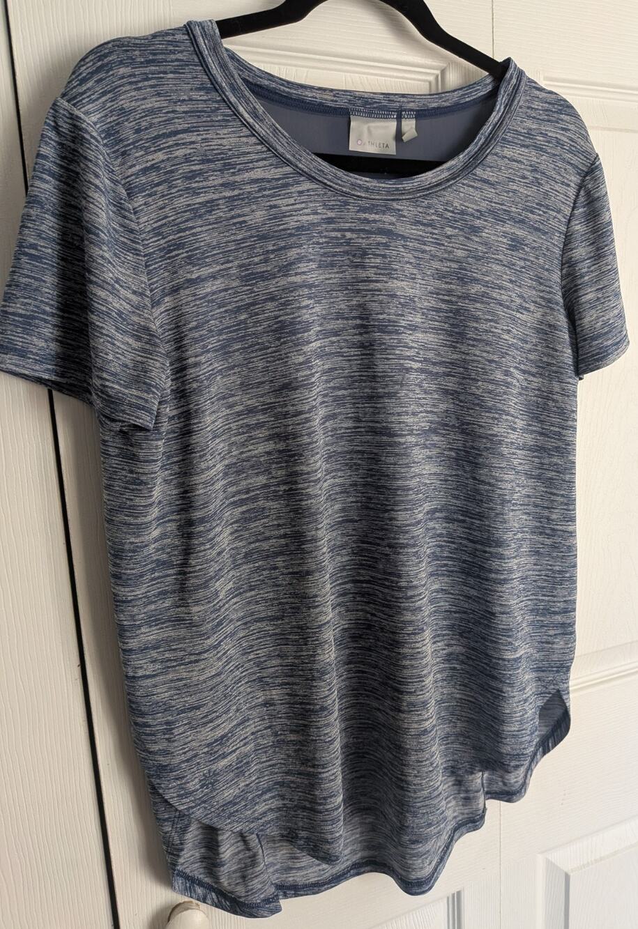Athleta Space Dye Short Sleeve Workout Top Medium Blue Gray Mesh Cutout Back M